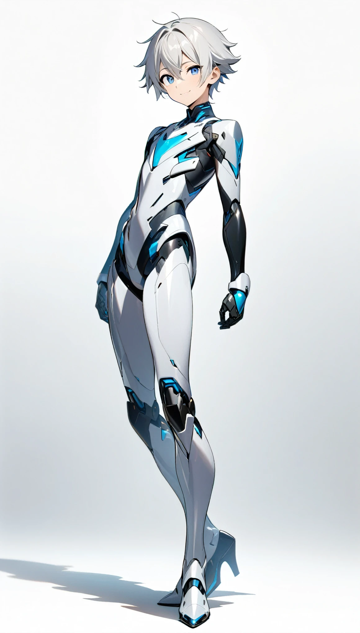 (((masterpiece:1.5))), full body image, anime robot boy, 1boy, ((shota)), shiny, ((white)), smooth, (((sleek))) robot body with accents, heeled feet, silver hair, gentle face, blue eyes, calm, smiling expression, plain white background