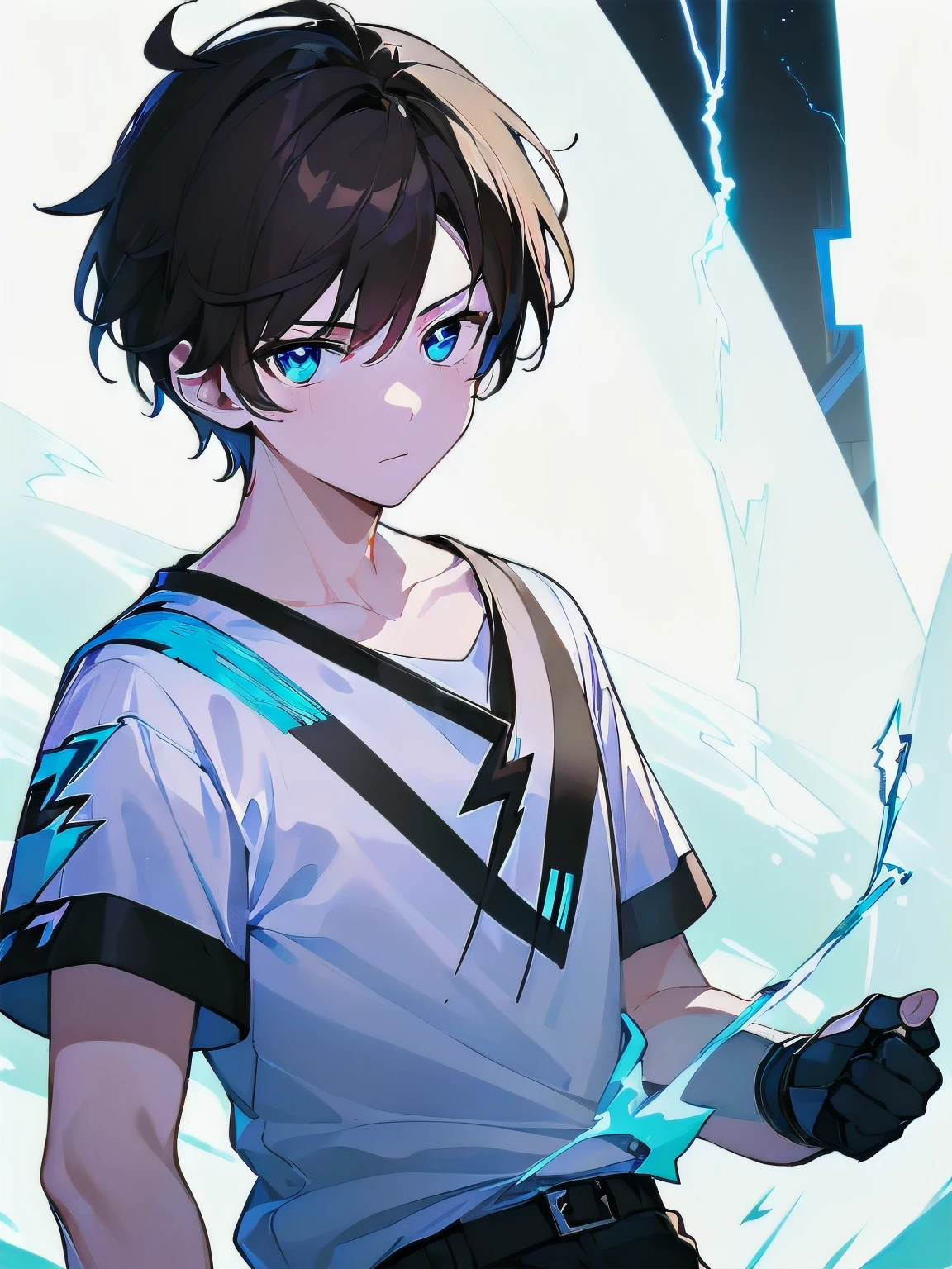 [(WHITE BACKGROUND:1.5),::5], ((((masterpiece)))), high quality, very_high_resolution, large_filesize, full color, ((younger boy)), , short brown hair, vivid color, ((Blue eye)), civilian clothes white, Below the knee to upper body, (lightning effect:1.2), anime style