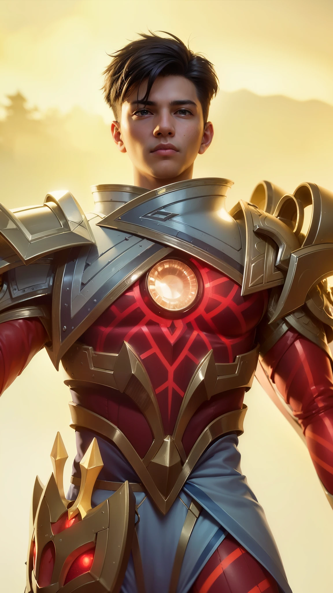 a close up of a boy in a suit with a glowing light, 8 k hd wallpaperjpeg artifact, 8k hd wallpaperjpeg artifact, artgerm detailed, fantasy rpg symmetrical portrait, paladin golden armor, guildwar artwork, extremely detailed artgerm, kaladesh concept art. mechanical, dressed in light armor, masterpiece, ((perfect eyes)) best quality, (semirealism:1.9), beautiful lighting, (extremely detailed CG unity 4k fhd wallpaper), High Detail, Sharp focus, dramatic outdoors, 1 boy ,19 years old, light yellow eyes, 8k, ultra hd, ultra detailed texture, hyper realistic, masterpiece, detailed texture, detailed face, detailed skin, detailed lighting, (photorealistic:1.5), best quality, beautiful lighting, cinematic lighting, professional lighting, ultra highres, realistic, detailed hair, real hair, high quality, (realskin:1.5), extremely detailed, finely detail, ultra-detailed