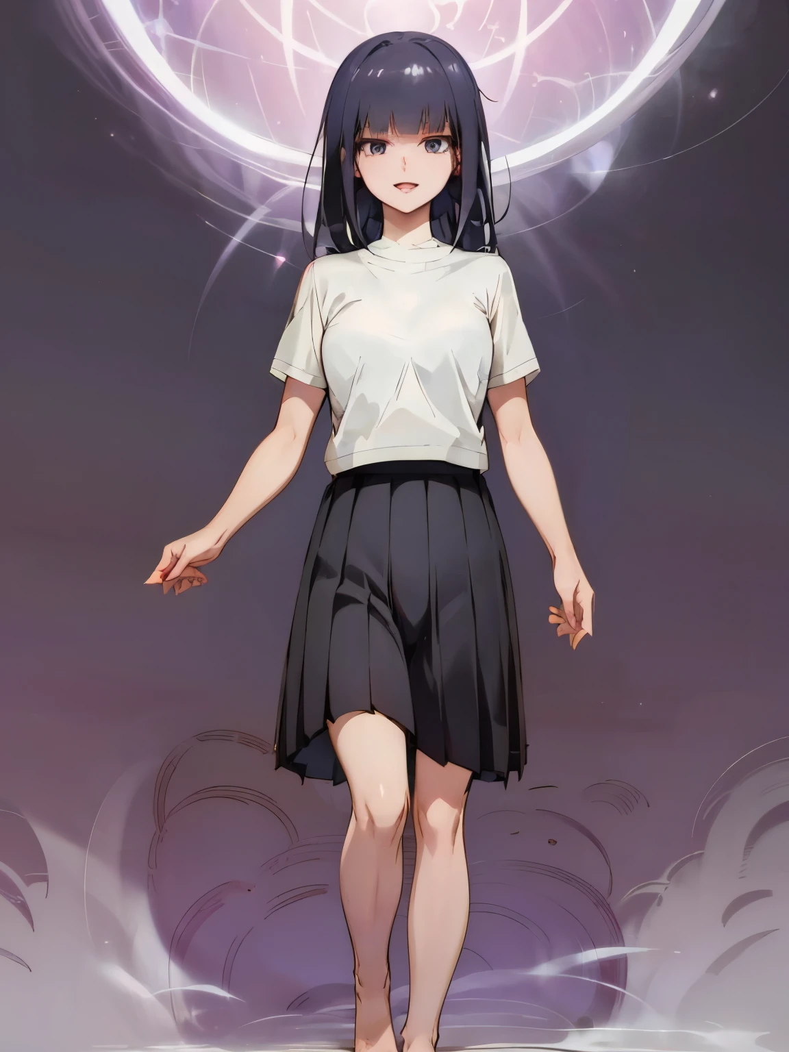 full body, 1girl, open mouth, detailed face, black hair, gloss hair, shoulder length hair, black eyes, highres, highly detailed face, Detailed eyes, white shirt, short sleeves, lack stockings, pleated skirt, evil smile, commanding pose, confident expression, standing up, magic circle in the background, purple aura, detailed background,