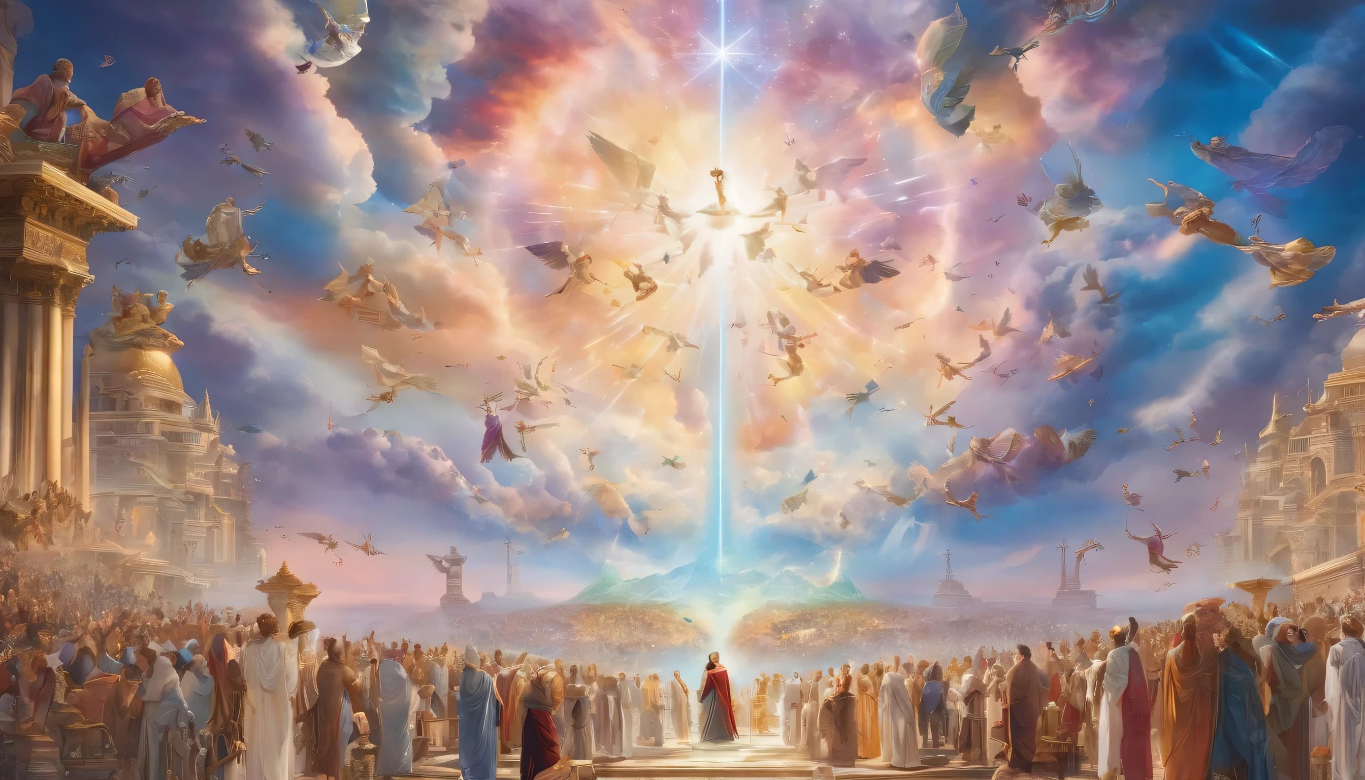 O arrebatamento ,Thousands of people are floating in the air,standing in the clouds, Thousands of people are dressed in white, Raise your hands and sing hymns to praise God. The scenes are magnificent and surreal. (Melhor qualidade, 4K, 8k, high resolution, obra de arte:1.2), ultra-detalhado, (realista, Fotorrealista, Realista:1.37), retrato de um, cores vivas, illuminated studio, sharp focus, physics-based rendering, Extreme Detailed Description, Biblical Topics, grand ambience, luz radiante.