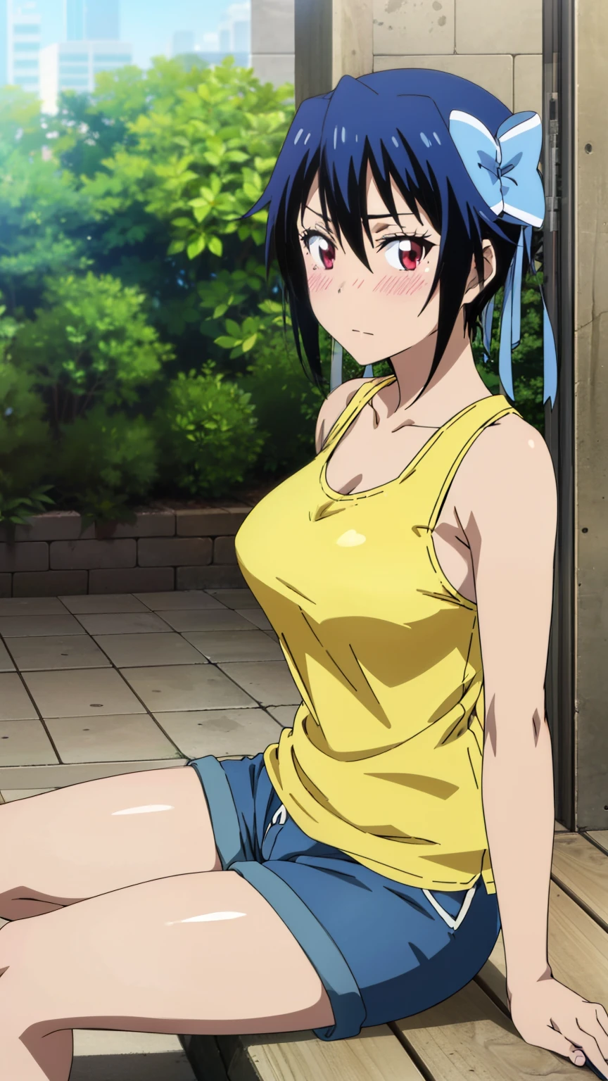 anime art style,anime coloring book,alone, 1 girl, seishirou tsugumi, Tank top,shorts, large medium breasts, sitting, blush, alone, stylish pose, stylish angle,looking at the viewer, in the center of the image,cowboy shot,