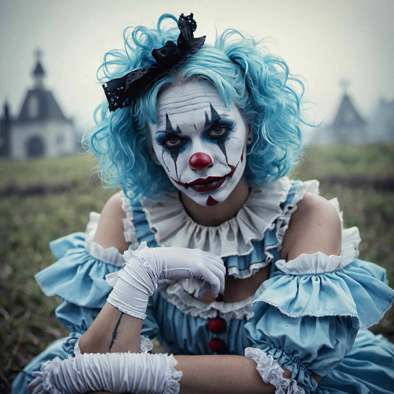 A place with a morbid look that resembles a funeral, (foggy:1.2), silhouetted in soft shadow (full body photograph:1.2) (Sky Blue colored clown outfit:1.3) (beautiful supermodel:1.1) resting her head on her hands detailed background bokeh