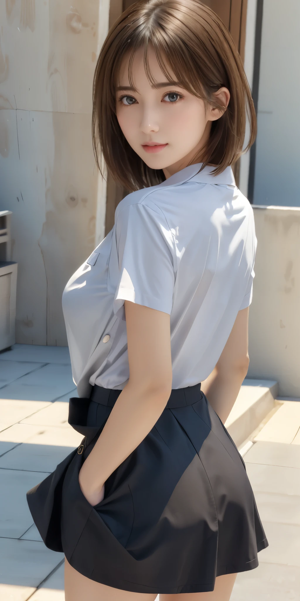 NSFW、16k、Photoreal、highest quality、masterpiece、ultra high resolution、Raw photo、realistic、bright lighting、face light、smooth professional lighting、looking at camera、alone、adult woman、Beautiful woman、super beautiful woman、realistic肌、Moisturized skin、Realistic eyes and faces、Perfect model body style、beautiful eyes、Big eyes、Inconspicuous tear bags、slim、medium big breasts、No bra、乳首がshirtを押し上げている、camel toe、pretty fingers、very short hair、Very black hair、Very dark eyes、looks fun、beautiful hip line、Upper body including the top of the head、(((shirt)))、(((skirt)))、(((T-back)))、大胆にskirtをたくし上げて、shirtをたくし上げる、cleavage、