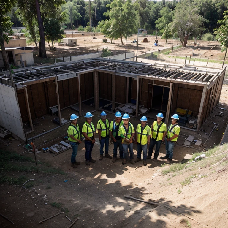 a team of workers building a new school using local materials and sustainable techniques. En primer plano, se ven trabajadores capacitados de la propia comunidad, reflecting local job creation. En el fondo, the school is seen under construction, surrounded by trees planted as part of a reforestation program to improve the environment