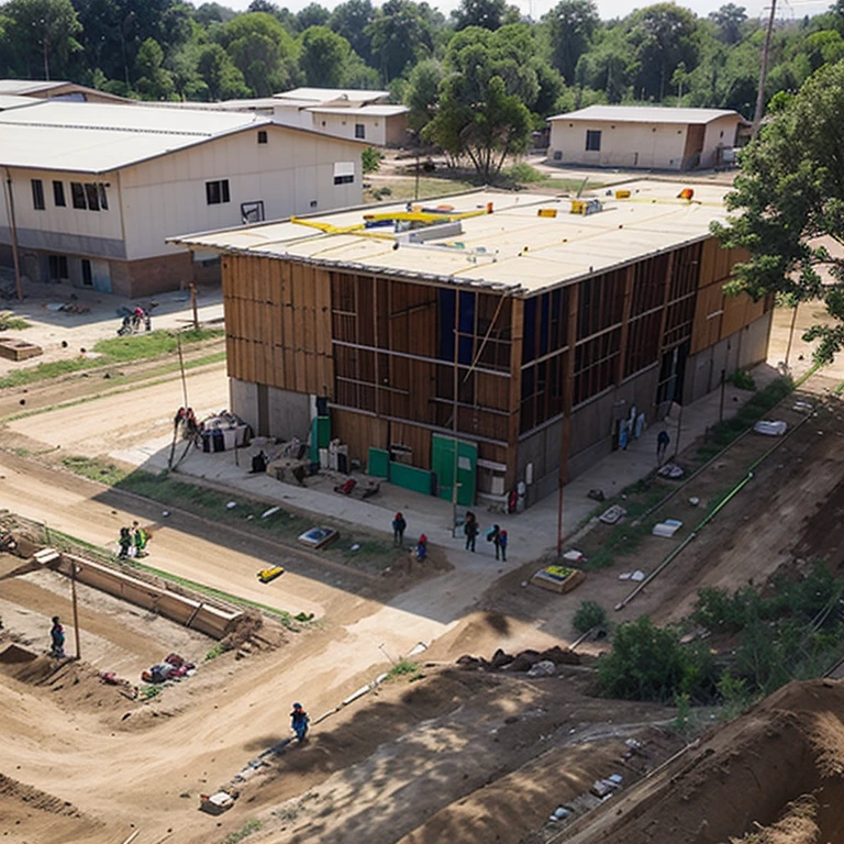 a team of workers building a new school using local materials and sustainable techniques. En primer plano, se ven trabajadores capacitados de la propia comunidad, reflecting local job creation. En el fondo, the school is seen under construction, surrounded by trees planted as part of a reforestation program to improve the environment