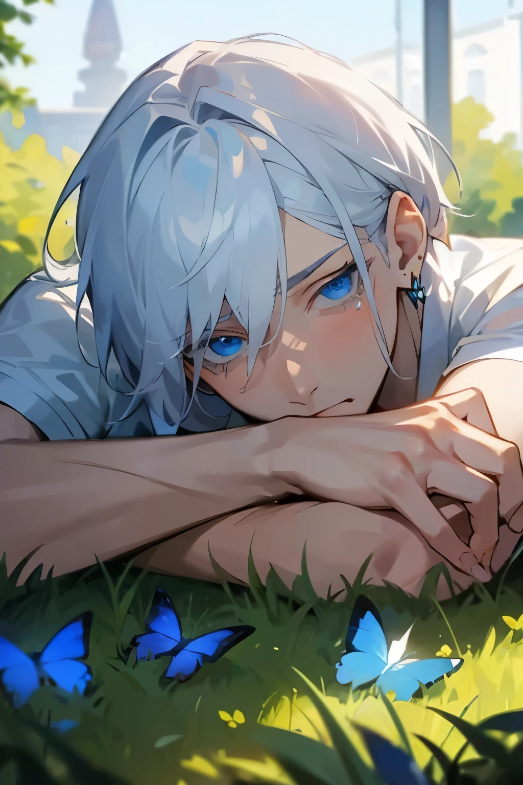 Excellent, masterpiece, white hair, blue eyes, hair, fair skin, man face with sharp angles in the garden park male bust shot lying on his side on the park grass with tears on his face a blue butterfly on his nose, clear despair in his eyes, white shirt, he is leaning onto his arm, he has black cross earrings, he wears three rings on each hand