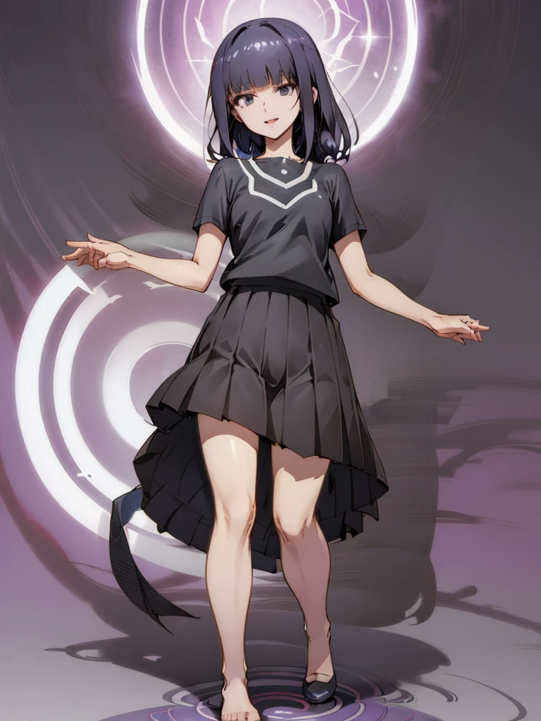 full body, 1girl, open mouth, detailed face, black hair, gloss hair, shoulder length hair, black eyes, highres, highly detailed face, Detailed eyes, white shirt, short sleeves, lack stockings, pleated skirt, evil smile, commanding pose, confident expression, standing up, magic circle in the background, purple aura, detailed background,