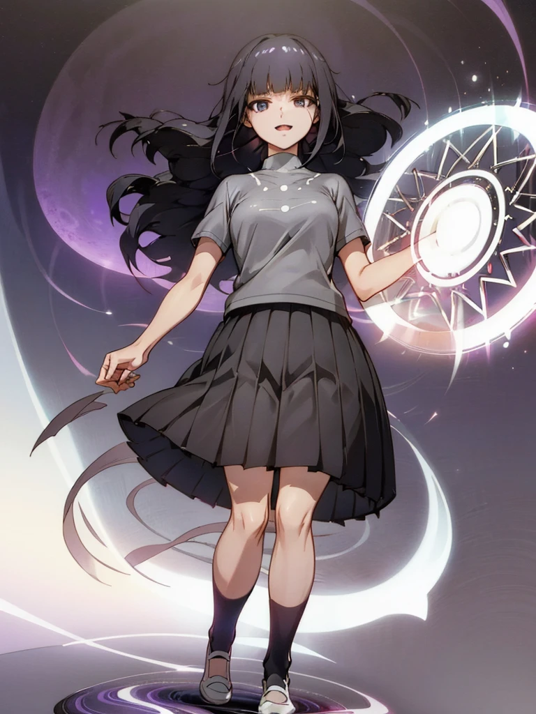 full body, 1girl, open mouth, detailed face, black hair, gloss hair, shoulder length hair, black eyes, highres, highly detailed face, Detailed eyes, white shirt, short sleeves, lack stockings, pleated skirt, evil smile, commanding pose, confident expression, standing up, magic circle in the background, purple aura, detailed background,