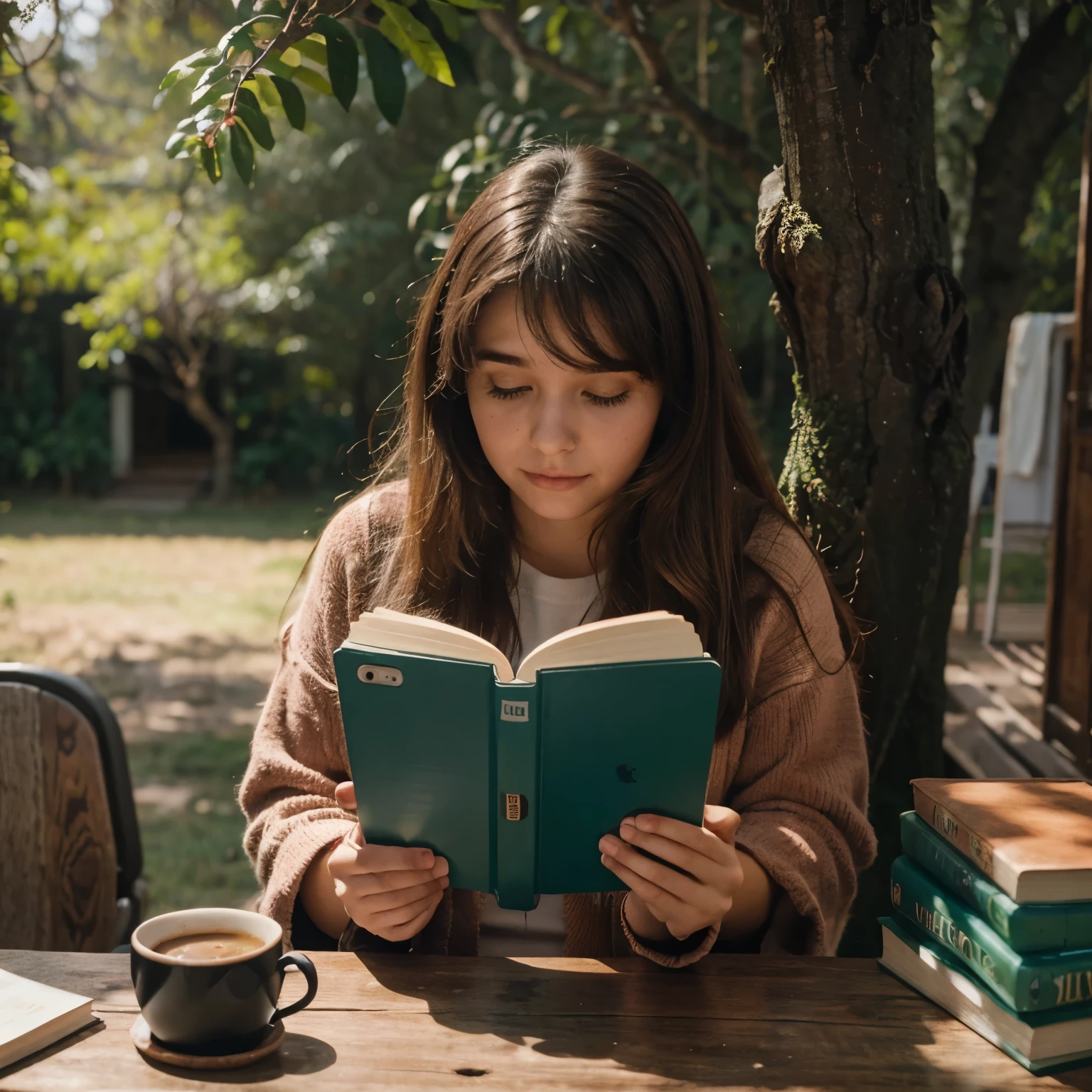 Uma estudante feminina sentada com livros sobre a mesa e de fones de ouvido grandes vermelhos seu cabelo verde longo e uma janela com uma paisagem exuberante ao fundo