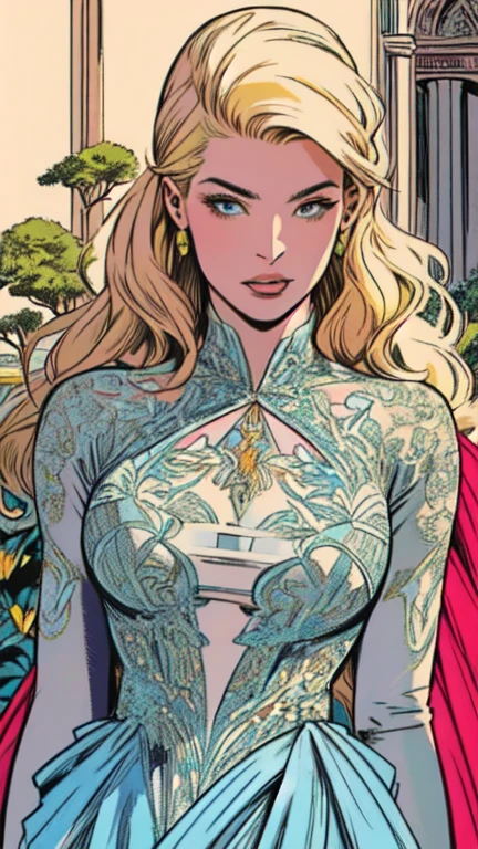 masterpiece,extremely beautiful woman,highly detailed beautiful face,big eyelahes,minimum waist,blue soft dress, straight blonde hair,excellent sense,American Comics,(((The Perfect One Woman))),(((one person))),colorful,highly detailed body,florish garden in the background 