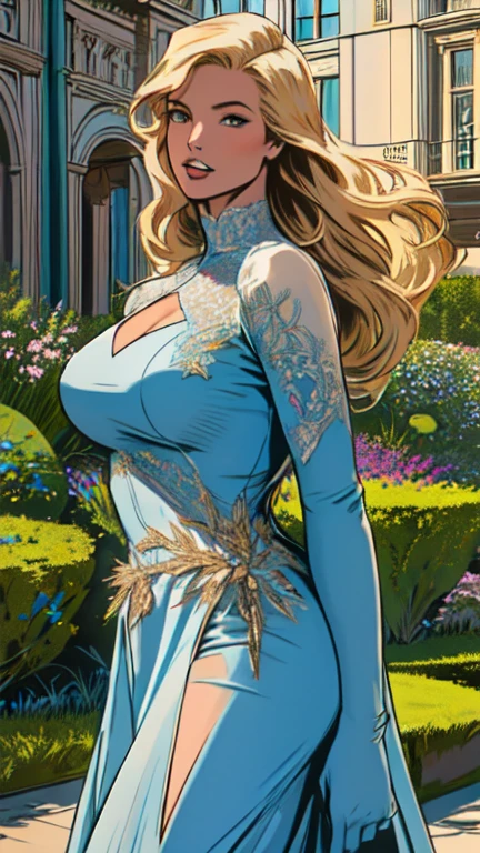 masterpiece,extremely beautiful woman,highly detailed beautiful face,big eyelahes,minimum waist,blue soft dress, straight blonde hair,excellent sense,American Comics,(((The Perfect One Woman))),(((one person))),colorful,highly detailed body,florish garden in the background
