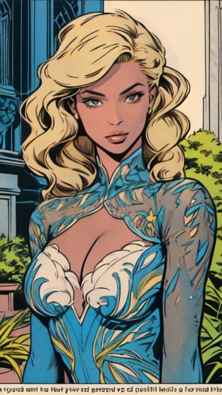 masterpiece,extremely beautiful woman,highly detailed beautiful face,big eyelahes,minimum waist,blue soft dress, straight blonde hair,excellent sense,American Comics,(((The Perfect One Woman))),(((one person))),colorful,highly detailed body,florish garden in the background