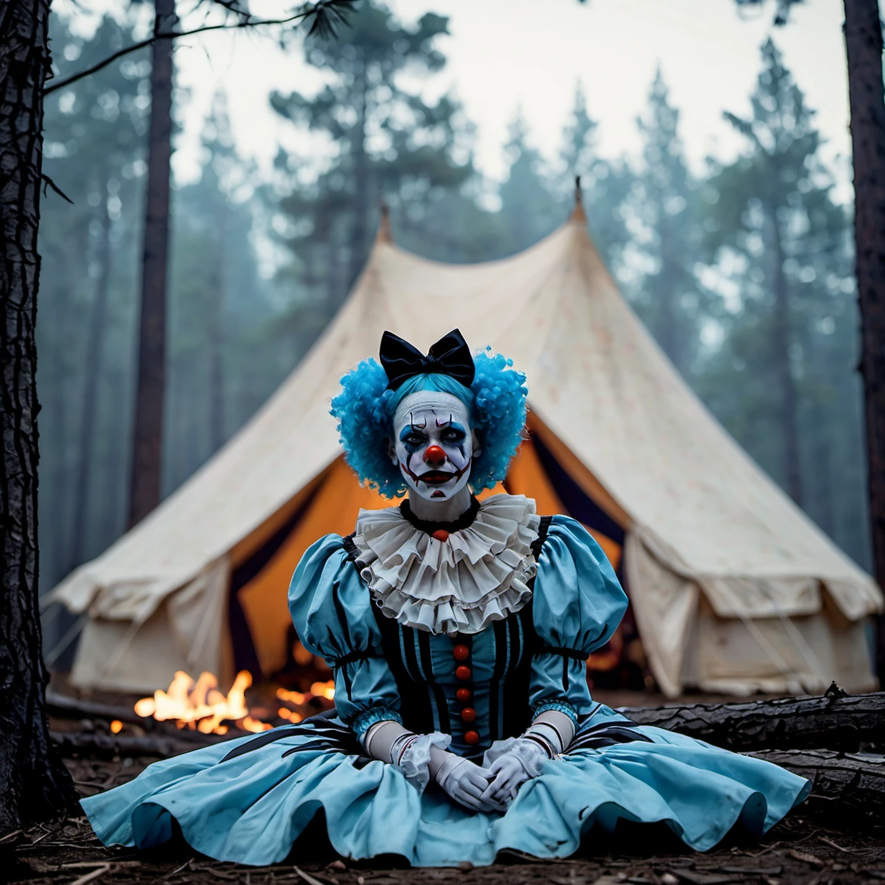 A place with a morbid look that resembles a funeral, pine forest with circus tent in background camp fire (foggy:1.2), silhouetted in soft shadow (full body photograph:1.2) (Sky Blue colored clown outfit:1.3) (beautiful supermodel:1.1) resting her head on her hands detailed background bokeh