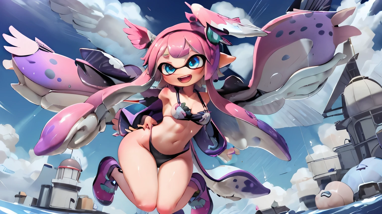 Splatoon Girl、whole body、3D、real anime、wide angle、(smile with wide open mouth)、(big breasts)、cleavage、thin waist、blush、cheek、lipstick、wings are growing、Flapping Wings、landing_wings、big and cute eyes、beautiful eyes、dynamic pose、flying in the sky、