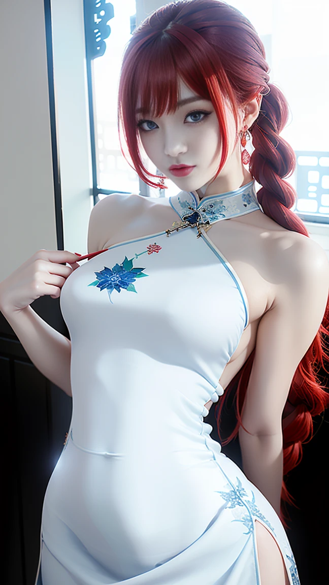 gray hair, , redhead, master painting, 8K qualthaty, master painting, 8K qualthaty, (substandard small breasts)、, Succubus, devil'wing, Delicate eye depiction, Delicate depiction of eyelashes, 繊細でDelicate eye depiction, Delicate depiction of facial features, Delicate depiction of physical characteristics, Delicate depiction of makeup, Metal Chain, long hair, ((red hair color))、slender body, open chest, long legs, ((exposed)) ((I was injured)) Bloodstained, that'come, gorgeous jewelry, areola, dream-like, barefoot、face like an idol、((show me your nipples))、Posthative character on thigh、、((shorts))、((((topless))))、、((braided hairstyley breasts are too big)))、macromastia、(thick ass)、big ass、(big thighs)、thick thighs、((blue eyes))、((((((white cheongsam dress))))))、black color、((curved body))、(((Chinese dress outfit)))、((Last))、(twin tails)
