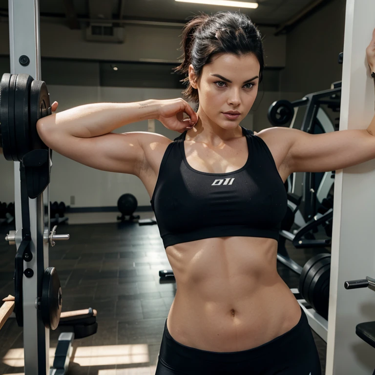 Jaimie Alexander in the gym with a top and tight lycra