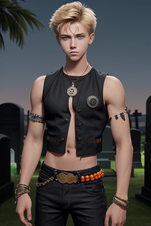 20-year-old boy, short blonde brown hair, orange sleeveless shirt, black open military vest, skull print, slim muscular complexion, black denim pants, looking straight at the viewer, blue eyes, Trisquel medallion, black bead bracelets on both arms in the background of a cemetery at night with moon