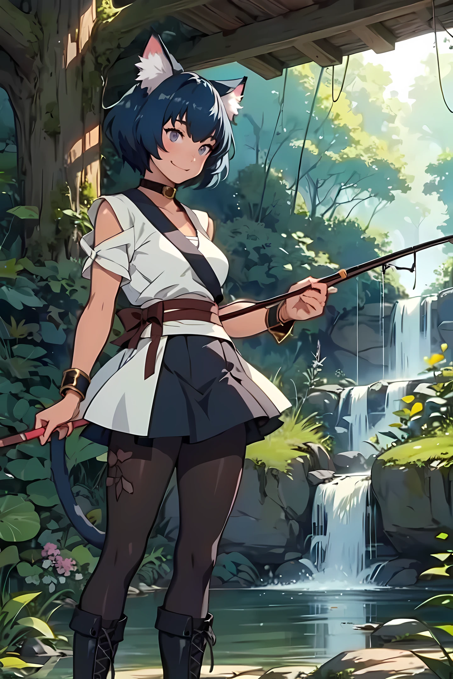 Anime, miria, cat ears, (cat tail), fishing, Chaos, holding (fishing rod) in hand, masterpiece ,pantyhose, boots,magicalgirl body suit, large skirt, smile,standing, forest, blue hair