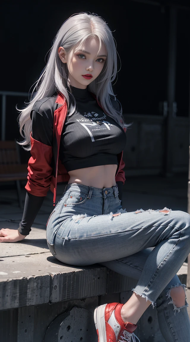 sfw, (Sci-fi fantasy), (Masterpiece), (professional oil painting) (best quality), (8k resolution), (1 beautiful girl), ((pale gray skin)), (iron gray skin), small head, ((jeans clothes)),(red jacket)), ((black t-shirt underneath), ((red lipstick)), ((black sneakers)), (comcept art), , (long hair), (messy hair), (white hair), (iron gray hair), ((with futuristic weapon)), (ammunition), ((moonlight of the night)), (sitting thinking)), wearing bra,((skinny waist)), young asian girl, ((big breasted)),