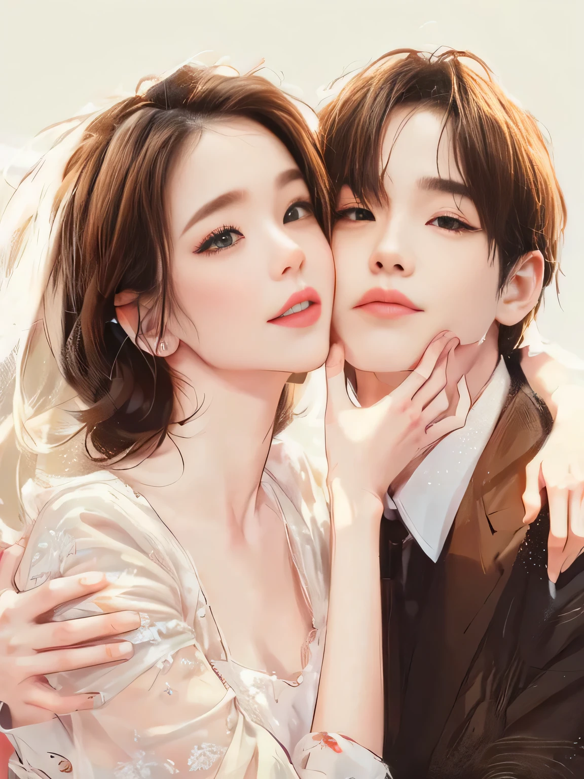In the photo there are two people hugging each other, beautiful picture style, lovely couple, high quality,((best quality)), ((masterpiece)), (detailed), perfect face