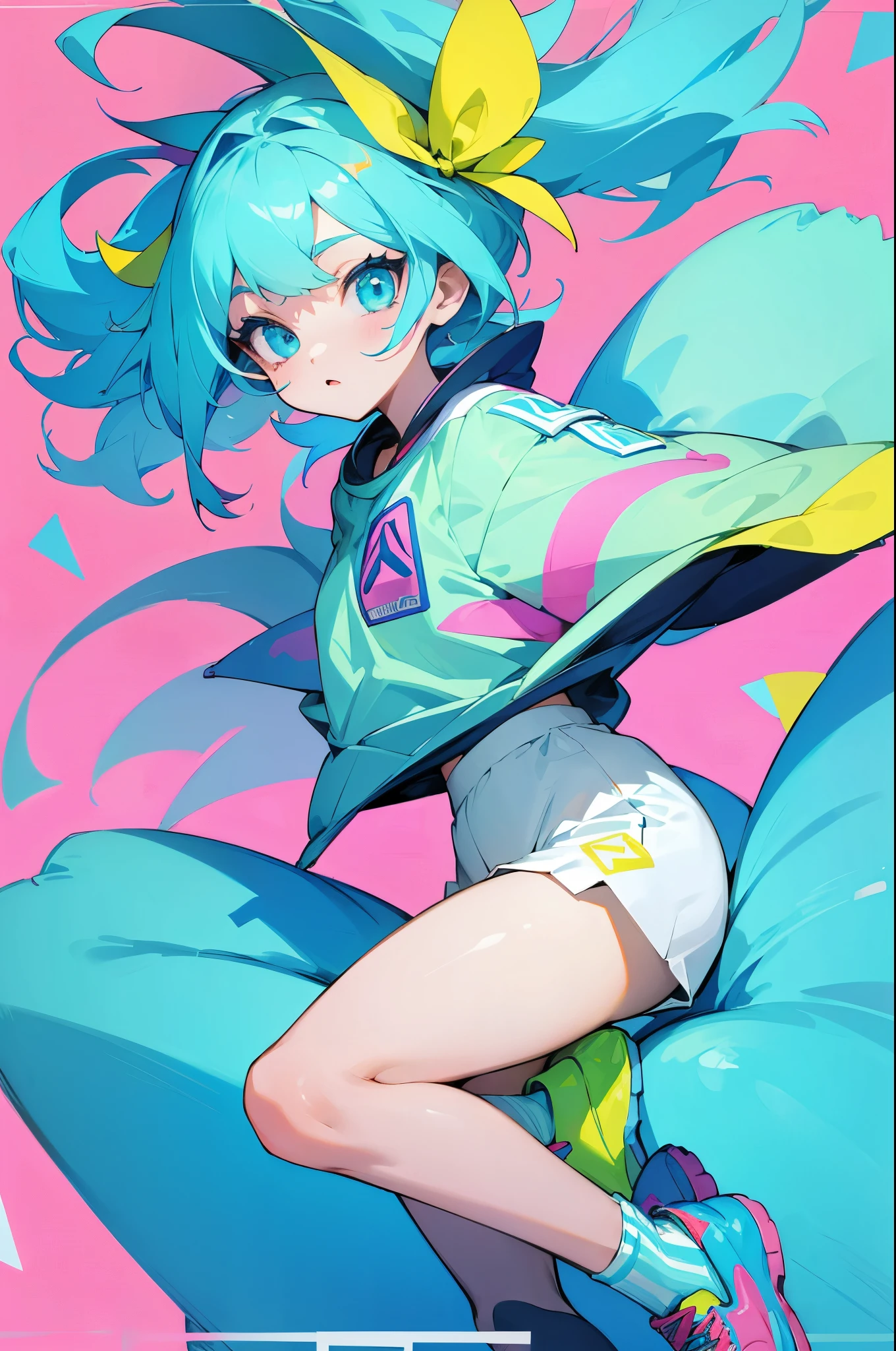 Pastel blue hair, 1Girl, Reebok Clothing, bright colors