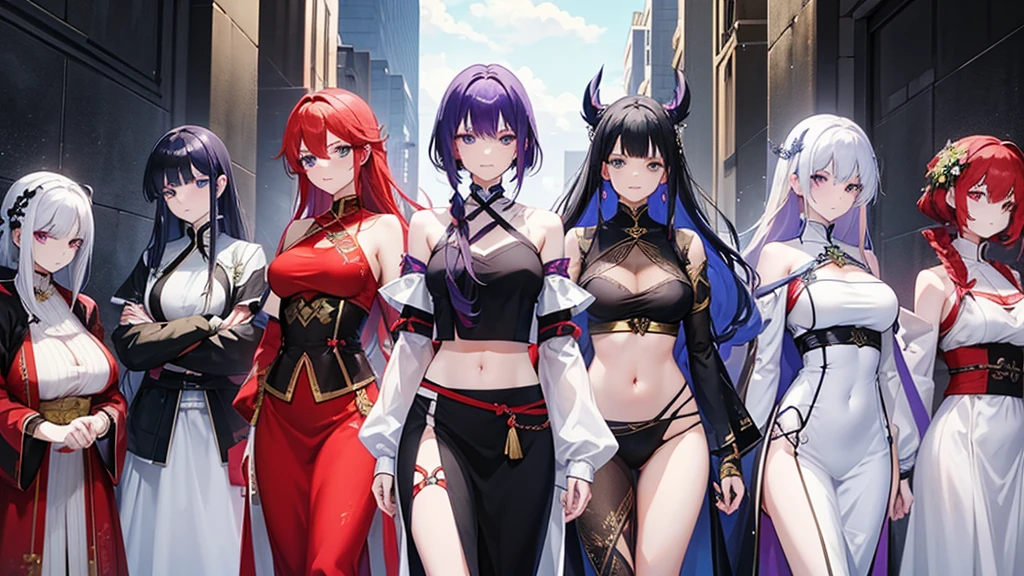 Six people,woman,There is a sense of distance,Sexy off-the-shoulder,Open navel,Hanfu,red hair purple eyes,Blue hair and green eyes,Black hair, blue eyes,White hair and golden eyes,Take a sword,Want to fight