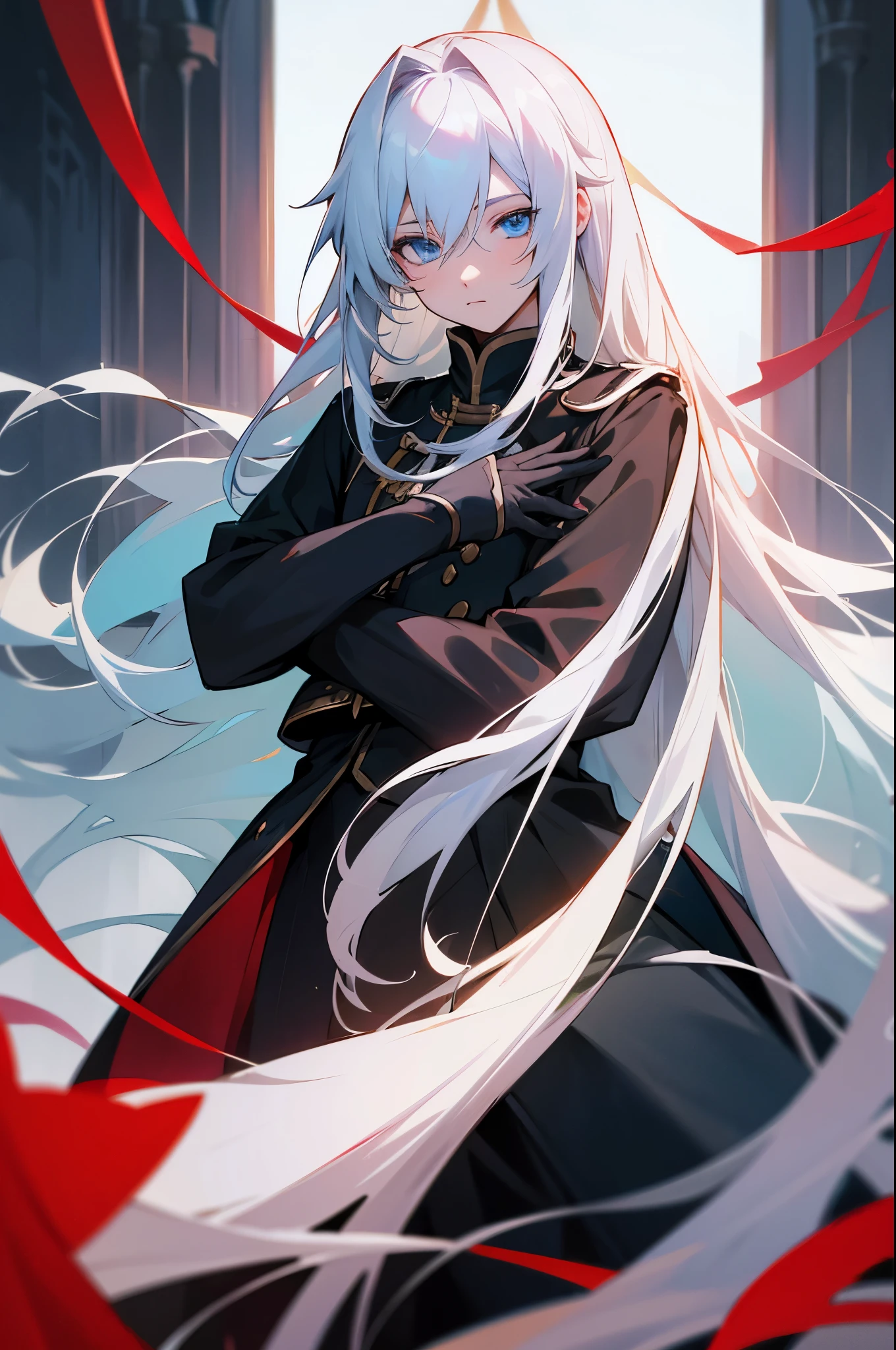 young boy, long white hair, blue eyes, with zero class uniform, final fantasy type-0, black uniform, in a tower, looking at viewer, 4k, good anathomy, masterpiece
