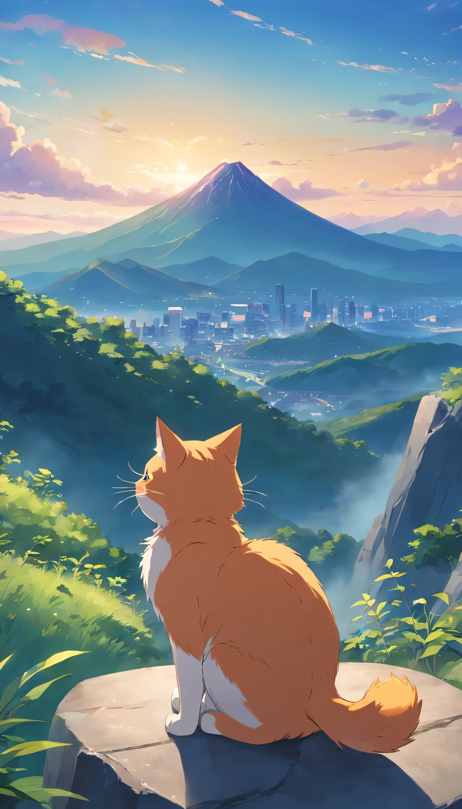 1 anthropomorphic cat, background view stand edge of the mountain (ISOLATE VIEW, color virant , highly detail ,moody , gorgeous , style alway smile with every difficult period)