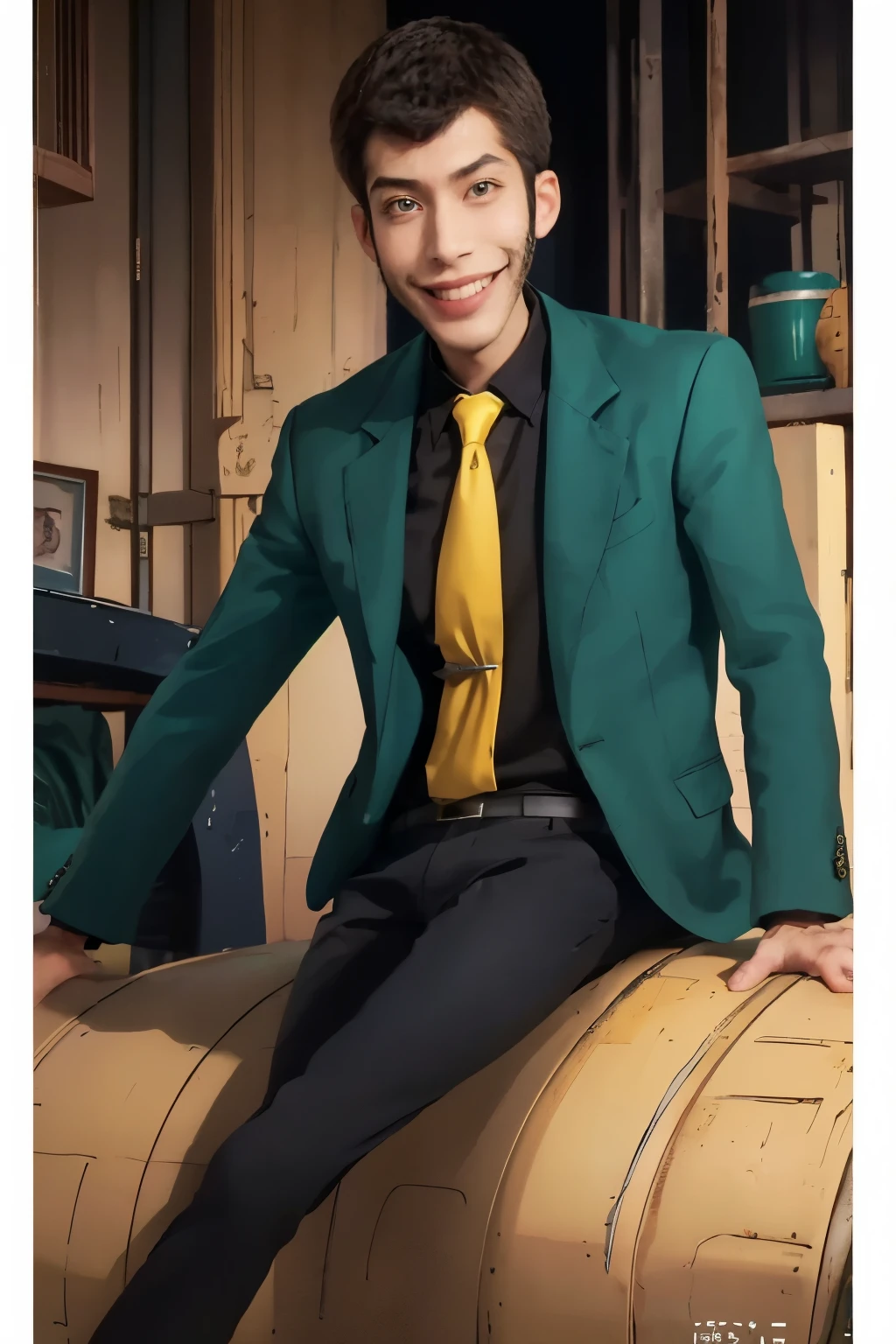 (highest quality, masterpiece, Raw photo,Super detailed:1.2), 1 man,alone,looking at the viewer, smile, green jacket, yellow tie, black shirt, Lupin,