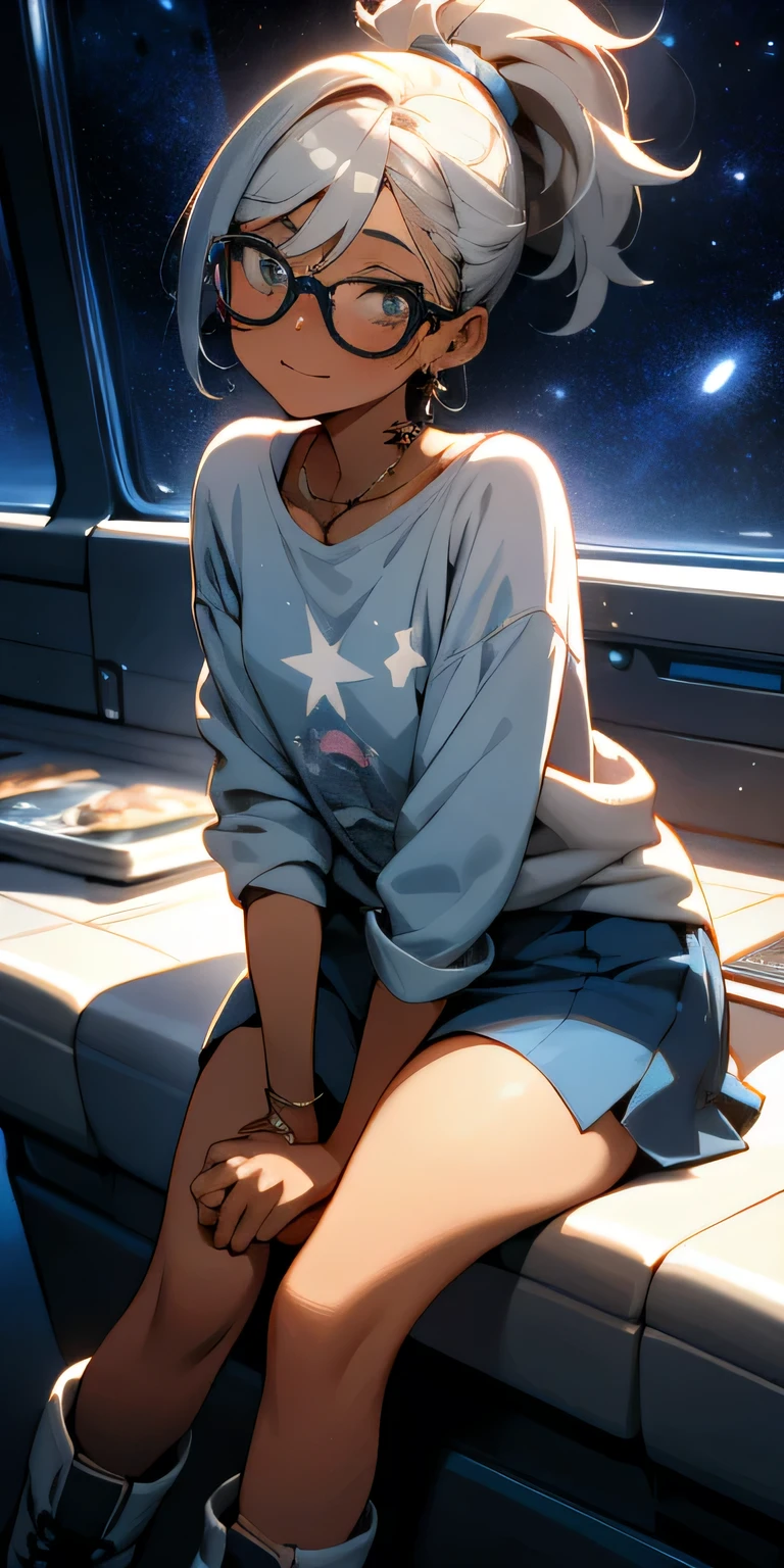 1. dark skinned girl, small breasts, Wearing thick-rimmed glasses，Highlights her facial features, short hair, ponytail and gray, silver shirt, She wore another tight shirt underneath her shirt, Brightly colored details evoke the stars and planets of outer space, and blue skirt high-top non-slip sole boots,