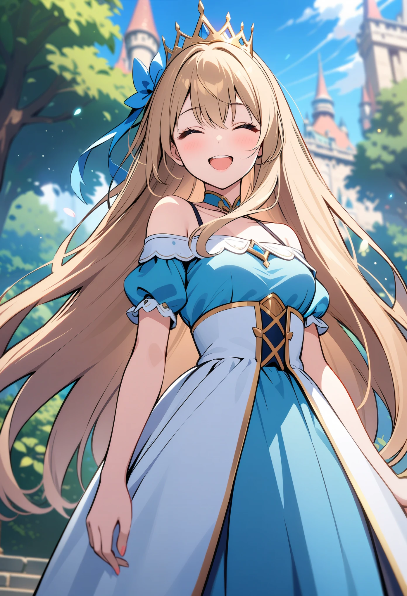 顶级animation质量，animation，HD，1080P，solo，(low angle)，a woman，close mouth，smile，extremely detailed hair，very long hair，close eyes，(cygames)，only wears loose off-the-shoulder dress，(Princess)，Blue silk，In front of the castle，(depth of field)，[blue sky]，many trees，background blur