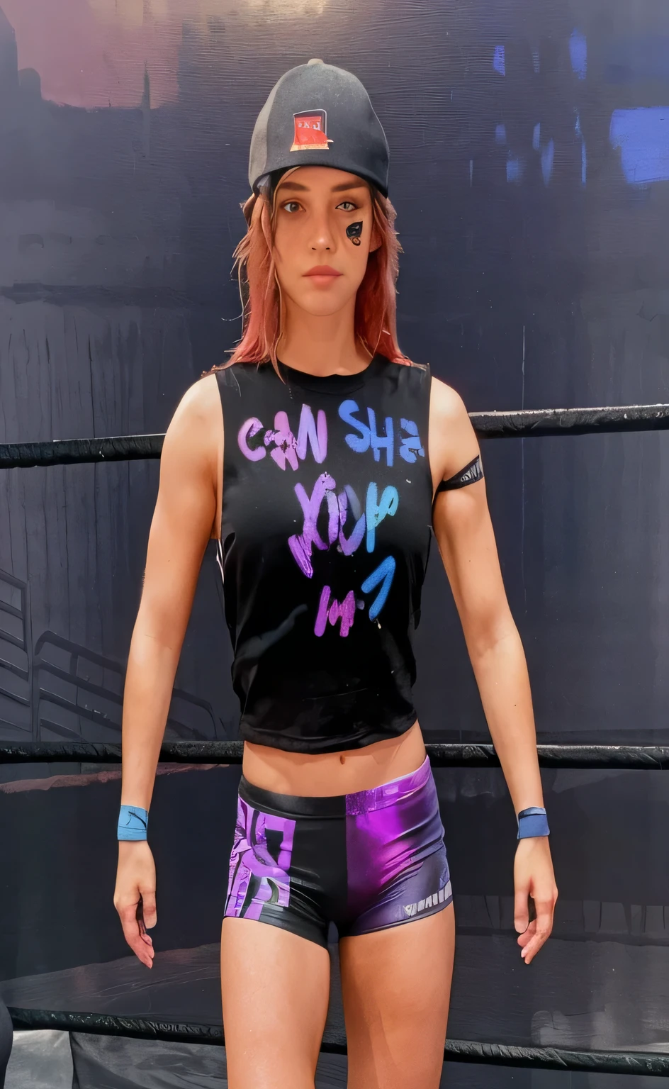 a close up of a woman in a wrestling ring with a hat, inspired by Cam Sykes, pudica pose, taken in the early 2020s, surfer model, black shirt
