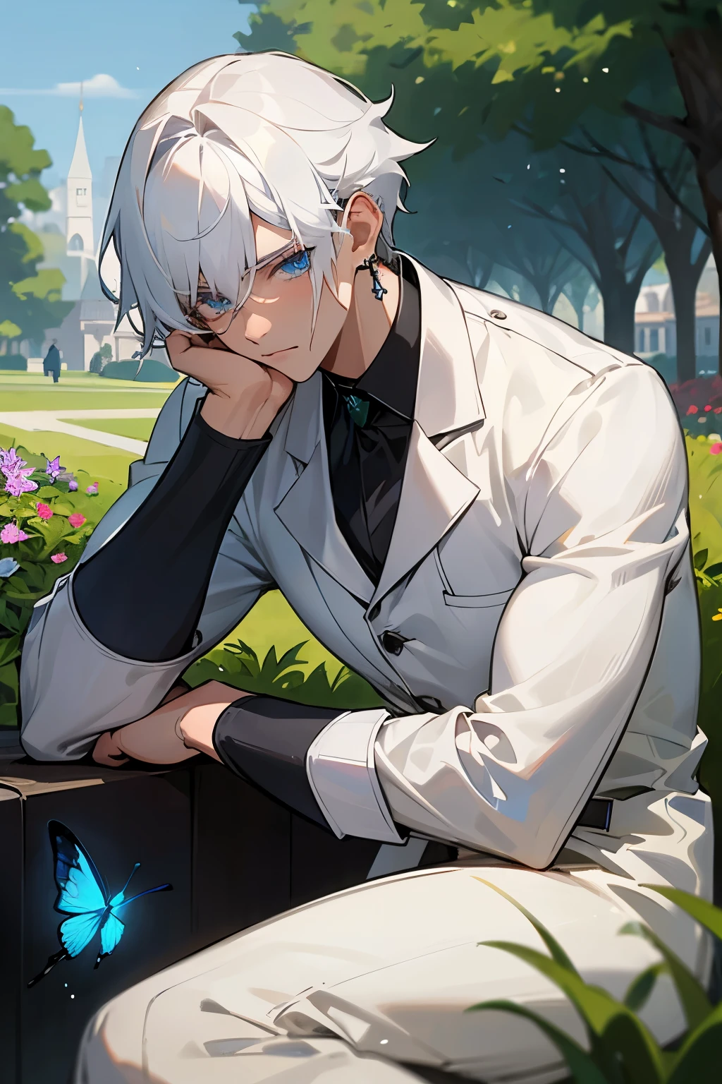 Excellent, masterpiece, white hair, blue eyes, hair, fair skin, man face with sharp angles in the garden park male bust shot lying on his side on the park grass with tears on his face a blue butterfly on his nose, clear despair in his eyes, white shirt, he is leaning onto his arm, he has black cross earrings, he wears three rings on each hand