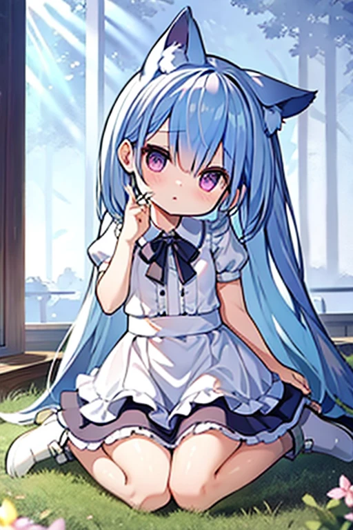(solo:1.2)),loli, cute girl sitting,(kneeling),long skirt,from above,looking up,aqua hair,long hair,(hair over one eye),(dappled sunlight:1.2),blurry,(depth of field:1.1),head tilt,paw pose, frilled dirndl, nekomimi