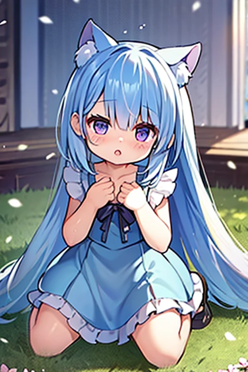 (solo:1.2)),loli, cute girl sitting,(kneeling),long skirt,from above,looking up,aqua hair,long hair,(hair over one eye),(dappled sunlight:1.2),blurry,(depth of field:1.1),head tilt,paw pose, frilled dirndl, nekomimi