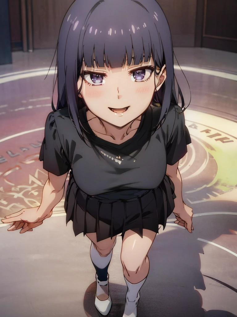 full body, 1girl, open mouth, detailed face, black hair, gloss hair, shoulder length hair, black eyes, highres, highly detailed face, Detailed eyes, white shirt, short sleeves, black stockings, high stockings above the knee, pleated skirt, evil smile, commanding pose, confident expression, standing up, magic circle in the background, purple aura, detailed background, demonic shadow