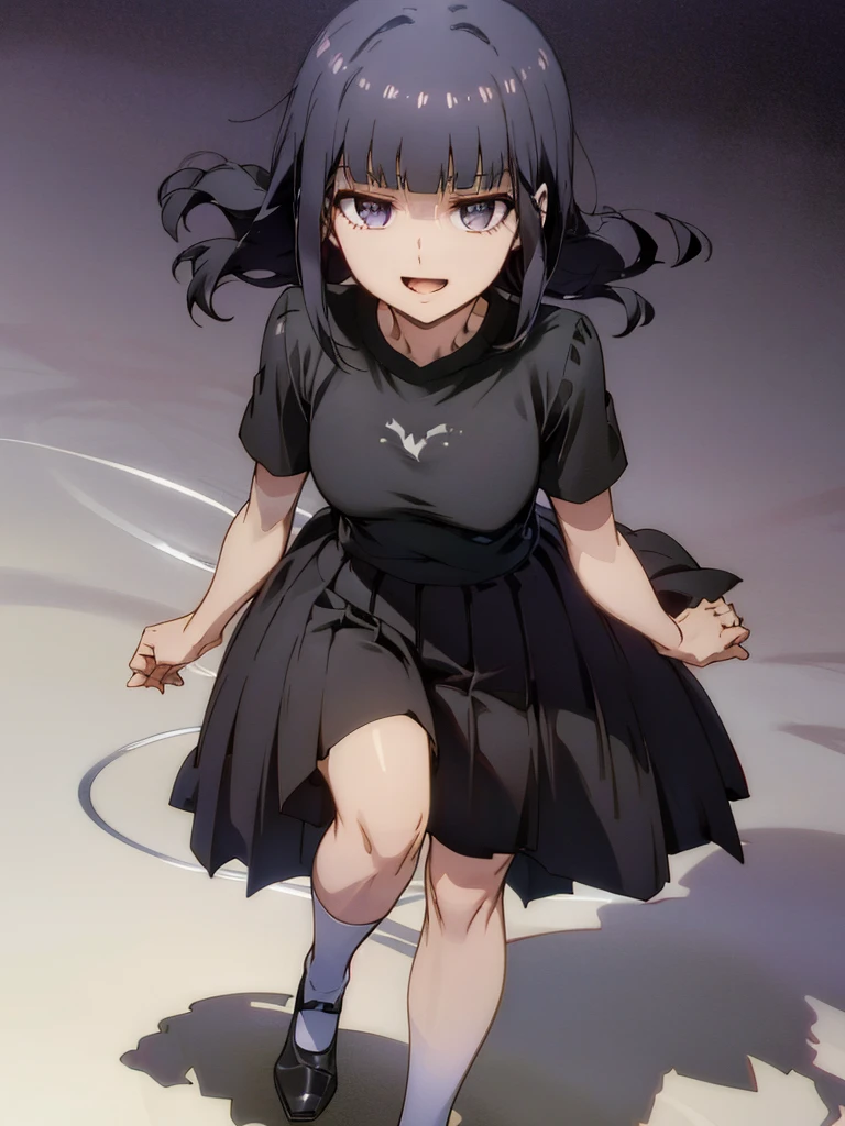 full body, 1girl, open mouth, detailed face, black hair, gloss hair, shoulder length hair, black eyes, highres, highly detailed face, Detailed eyes, white shirt, short sleeves, black stockings, high stockings above the knee, pleated skirt, evil smile, commanding pose, confident expression, standing up, magic circle in the background, purple aura, detailed background, demonic shadow