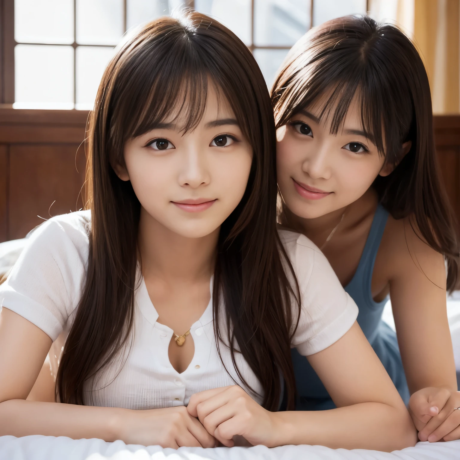 Best-quality, Masterpiece, Ultra-High-Resolution, (Photorealistic:1.4), Raw-Photo, 2girls, lesbian-couple, Photo of the most famous Japanese idol and the most famous Japanese actress on bed