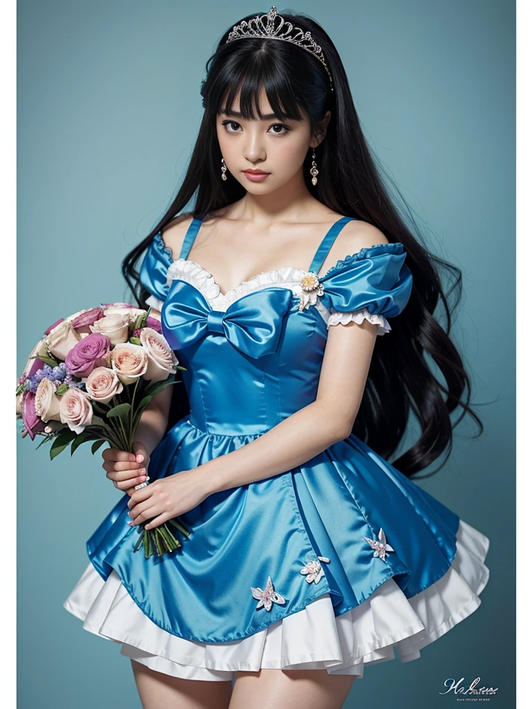 anime princess in a blue dress with a bouquet of flowers, anime princess, Rei Hino as a princess, Aya Takano Color Style, vintage shoujo, classic soju, Lady Palthena, Marine Kitagawa fanart, anime goddess, wearing a dress, portrait knights of zodiac girl, An anime girl named Lucy, inspired by Yuki Ogura