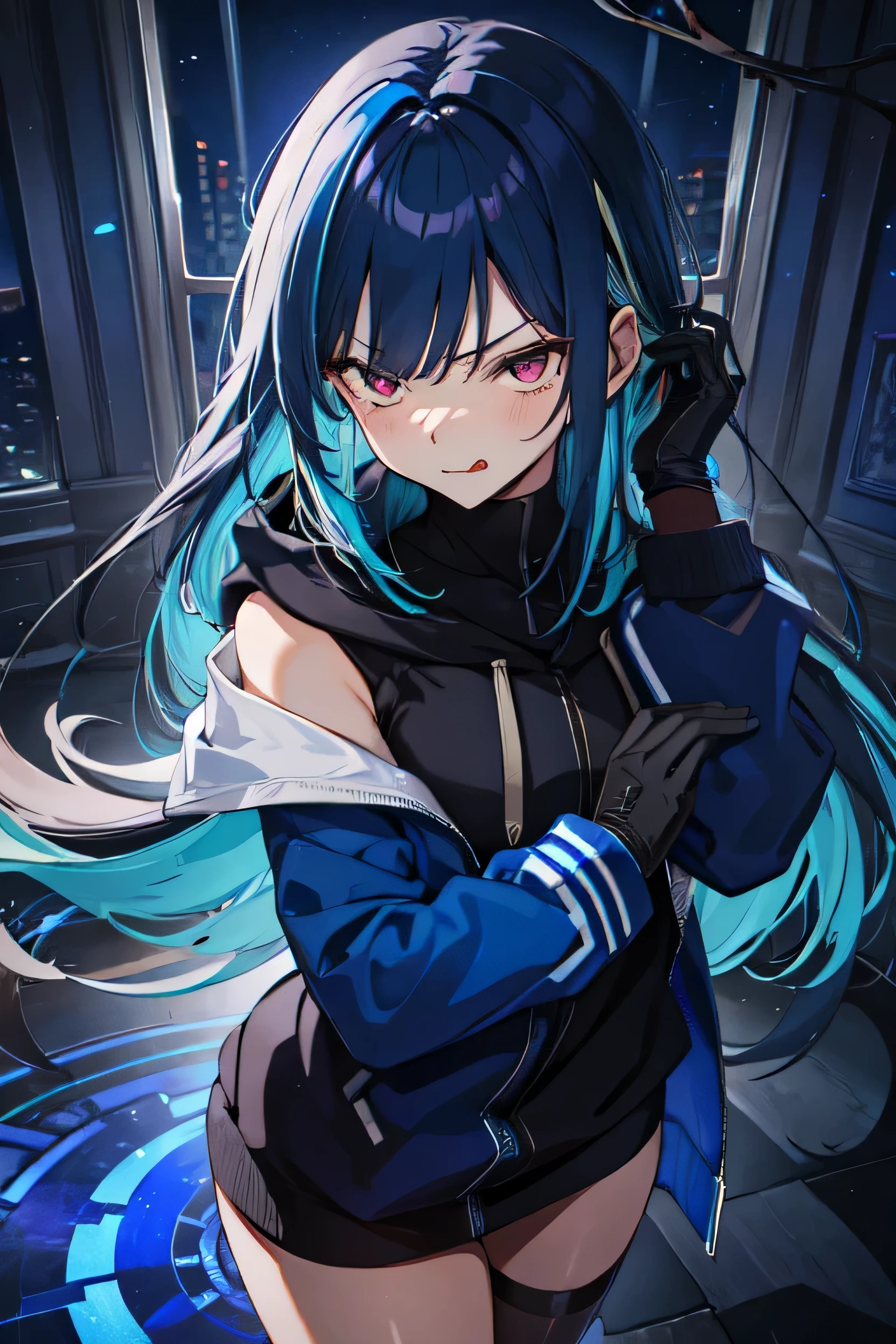 (masterpiece, best quality:1.2), intricate details, ado, 1girl, bangs, blue hair, blue flower, gloves, long sleeves, multicolored hair, long hair, hoodie, (mature female:1.2). angry, glaring up, tongue