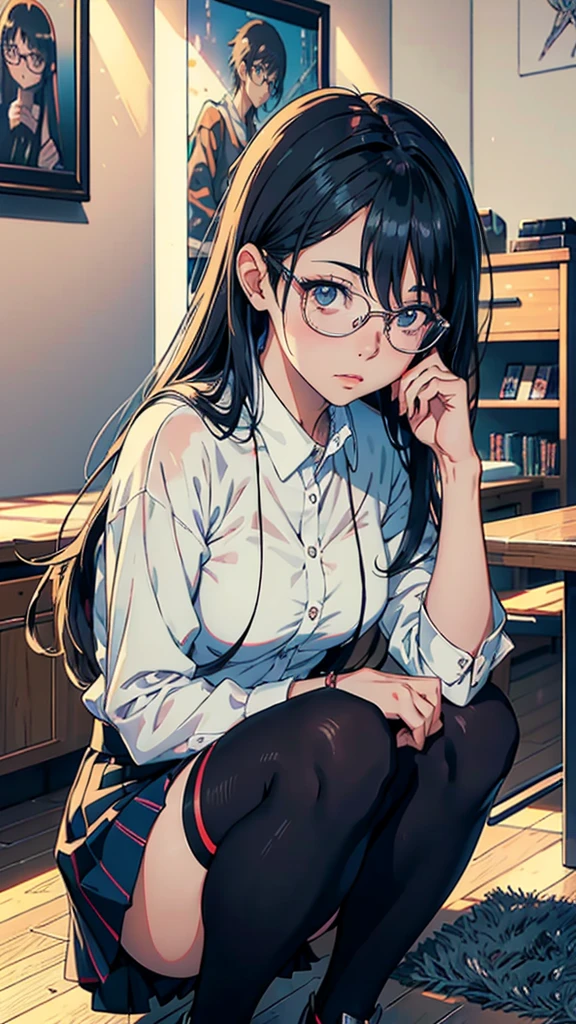 Anime girl with glasses sitting on the floor in a room, realistic anime art style, seductive anime girl, beautiful anime high school girl, anime girl squatting, realistic anime art style, anime moe art style, realistic young anime girl, beautiful anime girl, digital anime illustration, portrait anime girl, beautiful anime portrait, young anime girl, attractive anime girl,There is a woman sitting cross-legged on the floor., with glasses, with glasses on, japanese model, wore glasses, surreal , Real young gravure idol, Otaku-like appearance, wearing glasses, young sensual gravure idol, surreal , Yoshitomo Nara, Ilya Kubshinov with long hair, Realistic anime 3d style, realistic anime art style, realistic anime art style, Digital art Ilya Kubshinov, beautiful anime portrait, 現実的なyoung anime girl, Ilya Kubshinov style, anime realism style, portrait anime girl,shiny silver,Mole under left eye,Cute freckles on the cheeks,((beautiful skin)),((skin texture)),((Real Touch)),Impressive black stockings,