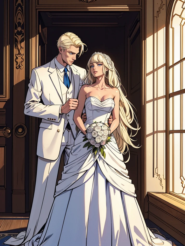 A tall, handsome, courageous young man is a platinum blonde, dressed in a light wedding suit, he has tanned skin, long white platinum hair, blue eyes, he holds in his arms an incredibly beautiful fatal young woman bride with long golden hair, long bangs, blue eyes, in an elegant wedding dress. They are in love, they are happy. Masterpiece, 8k. full-length image, realistic image, detailed image. an extremely detailed illustration, a real masterpiece, of the highest quality, with careful drawing. shading with shadows. beautiful pose, full-length detailed image, 8k, realistic image, dynamic image, detailed image. an extremely detailed illustration, a real masterpiece, of the highest quality, with careful drawing.