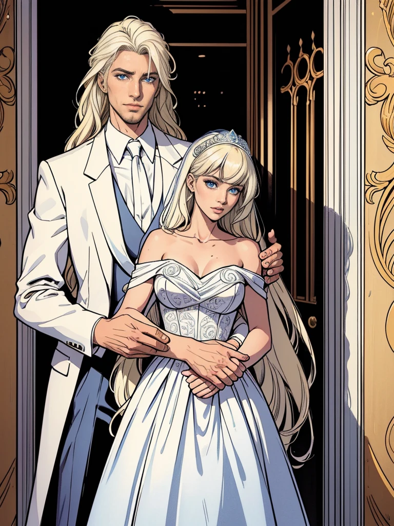 A tall, handsome, courageous young man is a platinum blonde, dressed in a light wedding suit, he has tanned skin, long white platinum hair, blue eyes, he holds in his arms an incredibly beautiful fatal young woman bride with long golden hair, long bangs, blue eyes, in an elegant wedding dress. They are in love, they are happy. Masterpiece, 8k. full-length image, realistic image, detailed image. an extremely detailed illustration, a real masterpiece, of the highest quality, with careful drawing. shading with shadows. beautiful pose, full-length detailed image, 8k, realistic image, dynamic image, detailed image. an extremely detailed illustration, a real masterpiece, of the highest quality, with careful drawing.