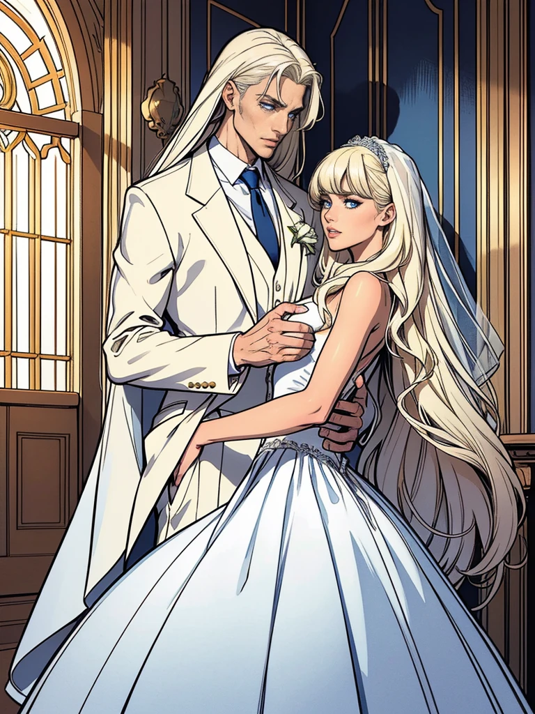 A tall, handsome, courageous young man is a platinum blonde, dressed in a light wedding suit, he has tanned skin, long white platinum hair, blue eyes, he holds in his arms an incredibly beautiful fatal young woman bride with long golden hair, long bangs, blue eyes, in an elegant wedding dress. They are in love, they are happy. Masterpiece, 8k. full-length image, realistic image, detailed image. an extremely detailed illustration, a real masterpiece, of the highest quality, with careful drawing. shading with shadows. beautiful pose, full-length detailed image, 8k, realistic image, dynamic image, detailed image. an extremely detailed illustration, a real masterpiece, of the highest quality, with careful drawing.