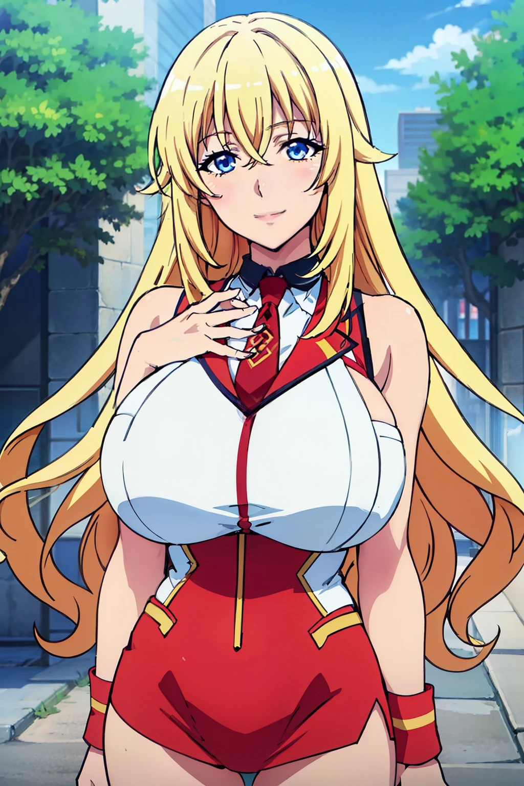 red and white uniform, bare shoulders, necktie, sleeveless shirt, outdoor, yurishia farandole, takeda hiromitsu style, anime cels style, best quality, high resolution, (huge breasts:1.3), cowboy shot, blush, smiling, blonde hair, blue eyes, hair between eyes, long hair, bangs, Beautiful Finger, Beautiful long legs, Beautiful body, Beautiful Nose, Beautiful character design, beautiful face