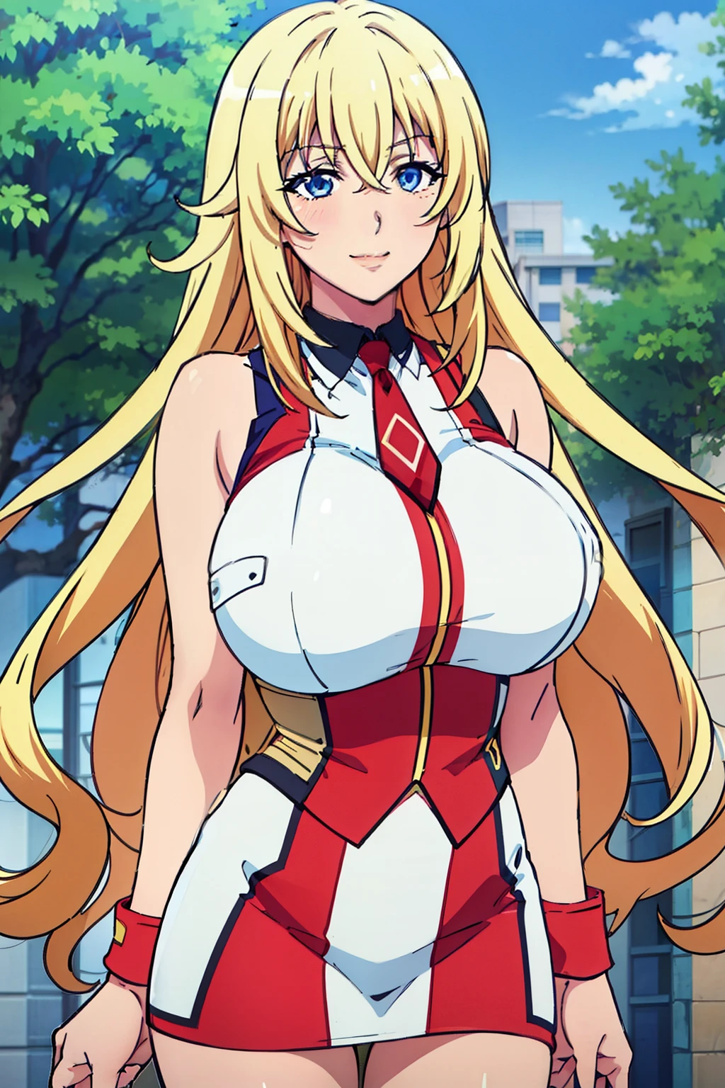 red and white uniform, bare shoulders, necktie, sleeveless shirt, outdoor, yurishia farandole, takeda hiromitsu style, anime cels style, best quality, high resolution, (huge breasts:1.3), cowboy shot, blush, smiling, blonde hair, blue eyes, hair between eyes, long hair, bangs, Beautiful Finger, Beautiful long legs, Beautiful body, Beautiful Nose, Beautiful character design, beautiful face