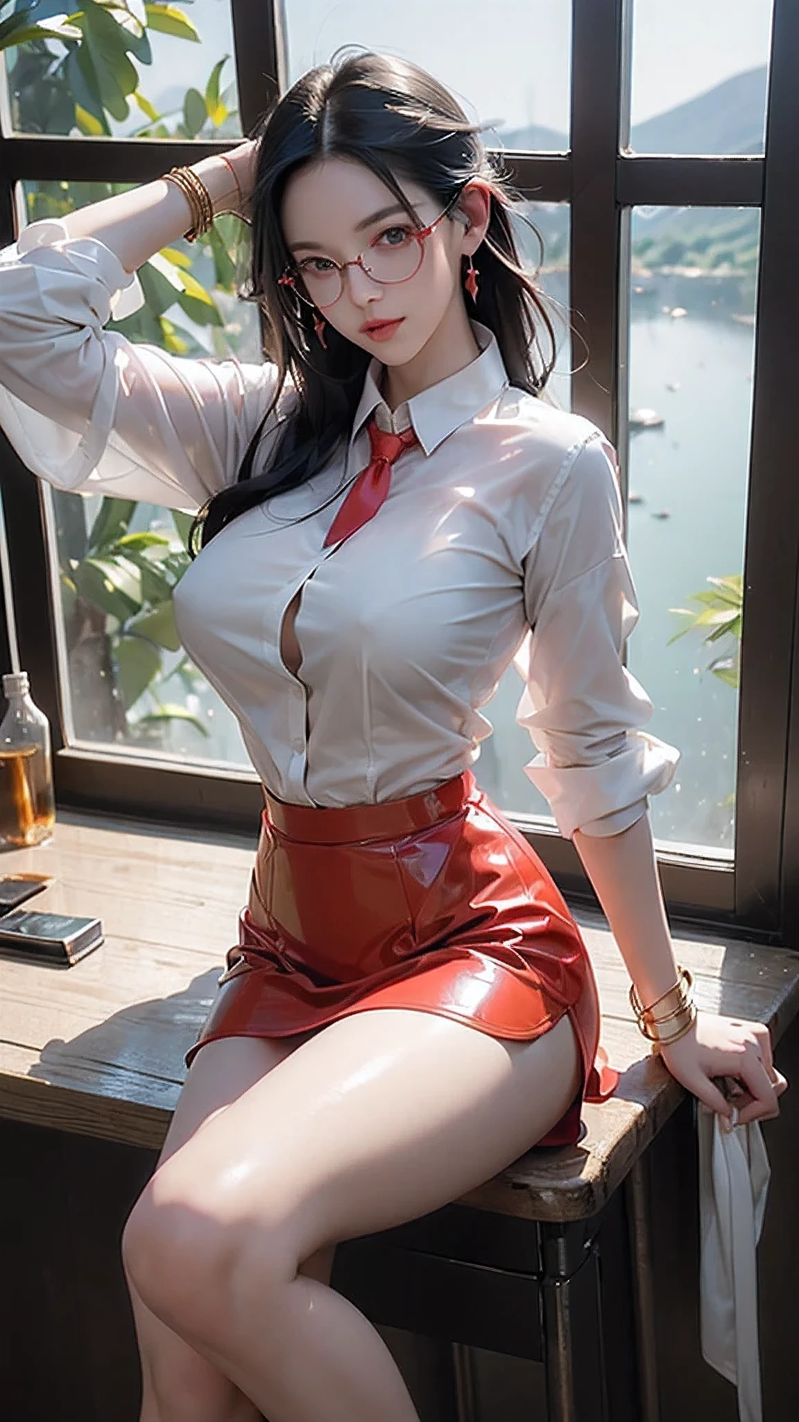 ( woman, secretary, milf), (red latex skirt), (sit on desk), (red latex bra), (white transparent shirt), (very long black hair, tied up), (glasses, blue eyes), (earnings), (big breast, big ass), (tattoo in body), (show breast), (horny face), (window with lake scene), (gold bracelet), (hand in back)