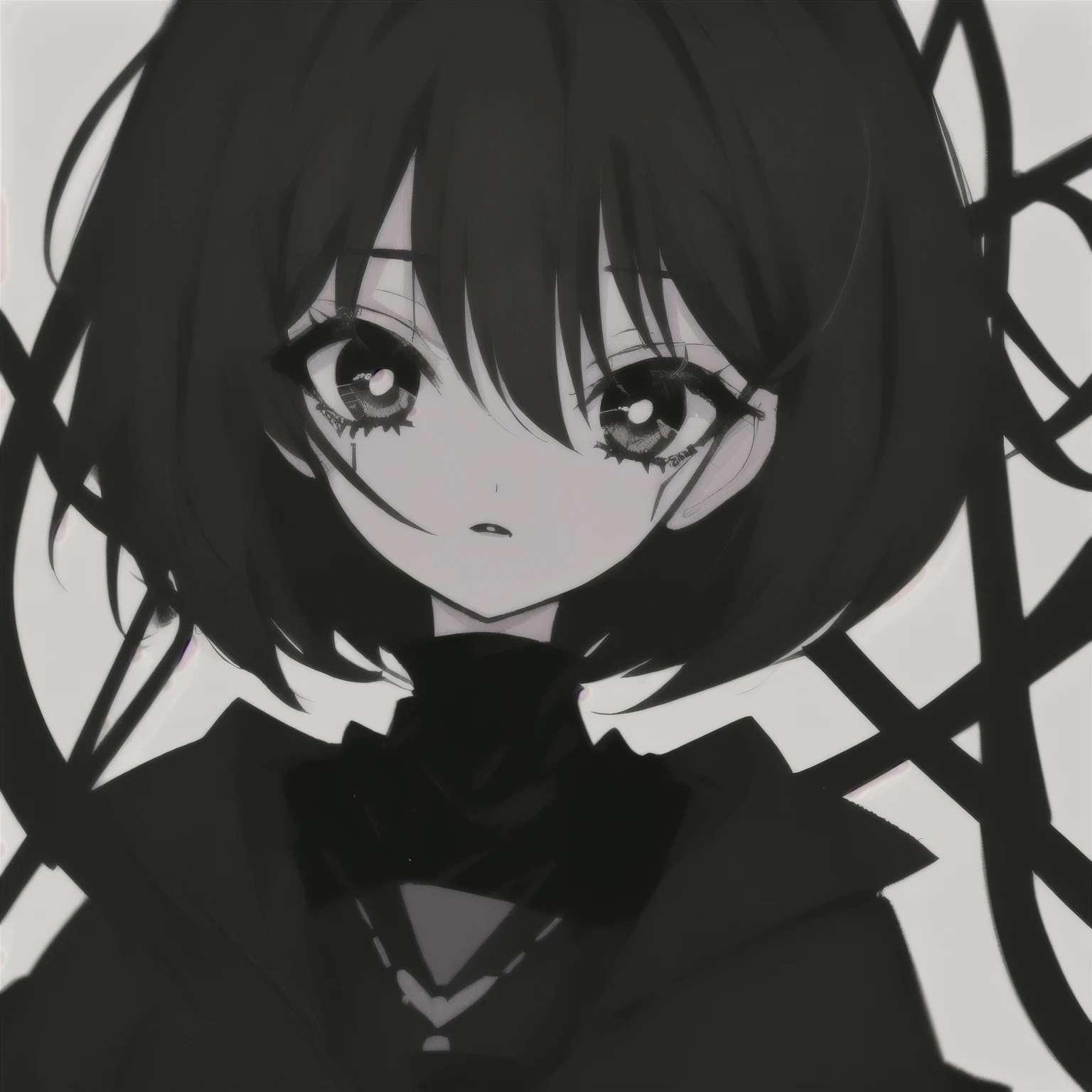 1 girl, black hair, black eye,simple background,gothic fashion,bob hair,anime drawing
