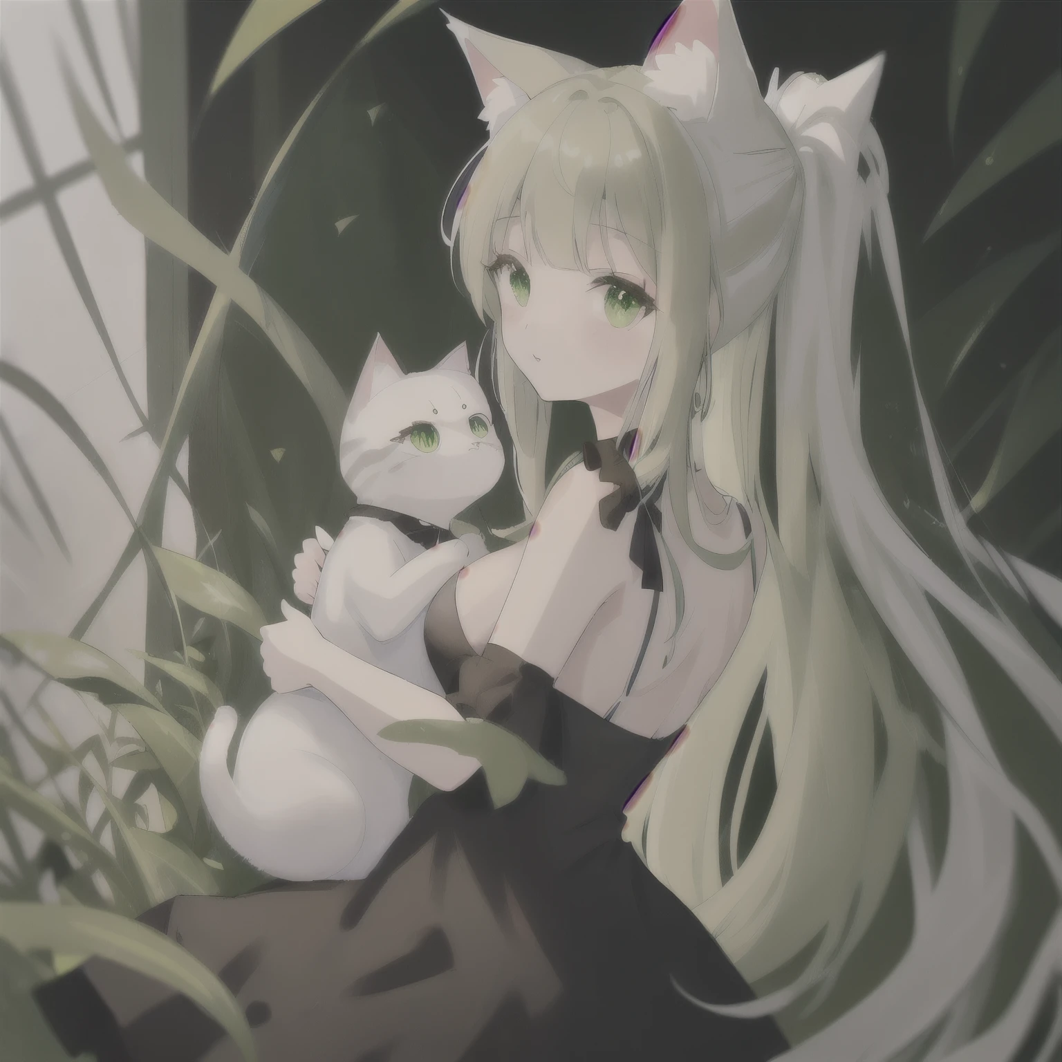 cat, девушка cat, cat's ears, cat tail, white tail, long hair, White hair, green eyes, black dress, fitting dress, Short dress, sleeveless dress, Big breasts